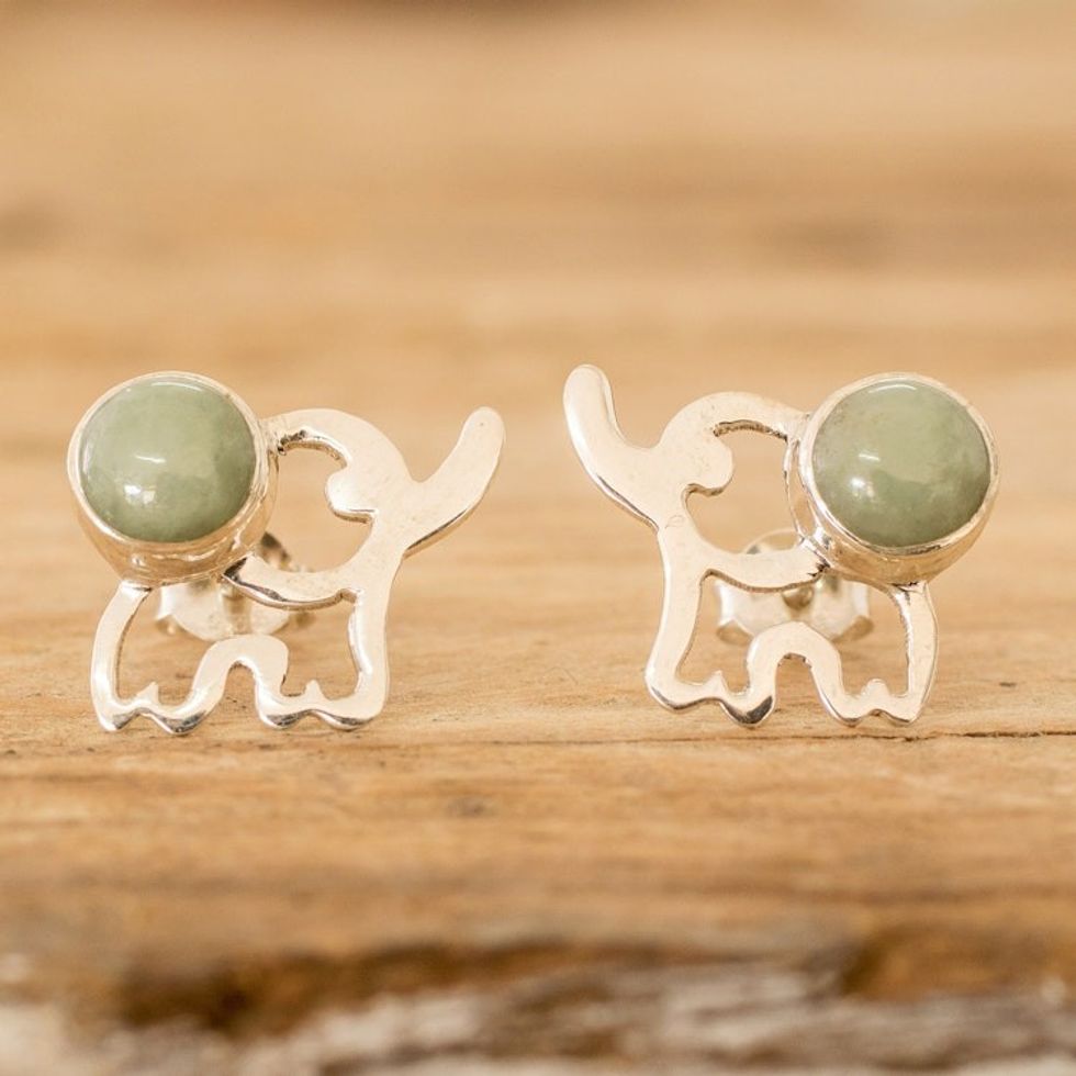 Elephant-Themed Dark Green Jade Button Earrings 'Balance Trunks'