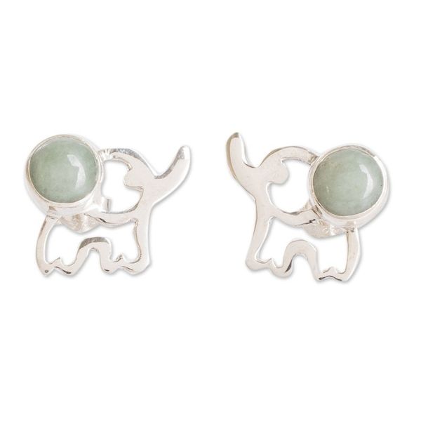 Alternate image for Elephant-Themed Dark Green Jade Button Earrings Balance Trunks