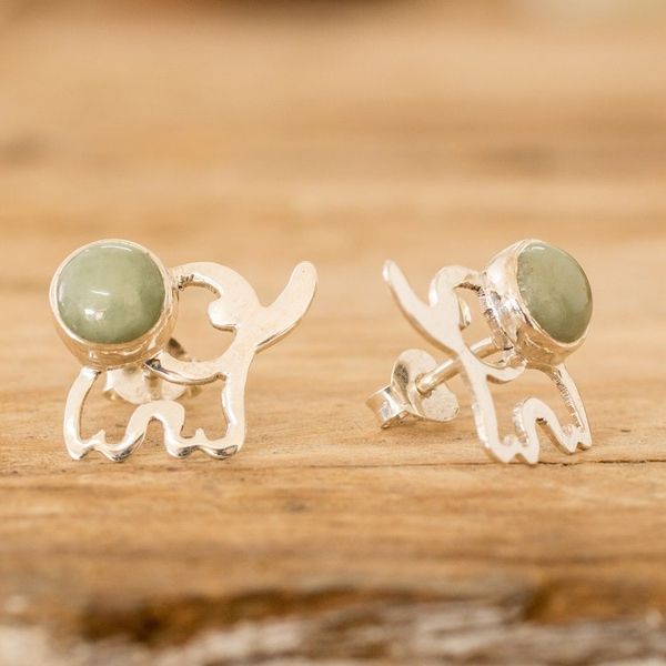 Alternate image for Elephant-Themed Dark Green Jade Button Earrings Balance Trunks