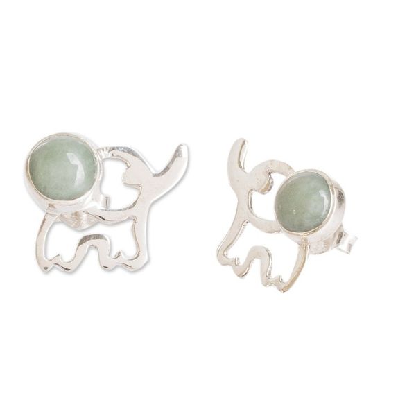 Alternate image for Elephant-Themed Dark Green Jade Button Earrings Balance Trunks