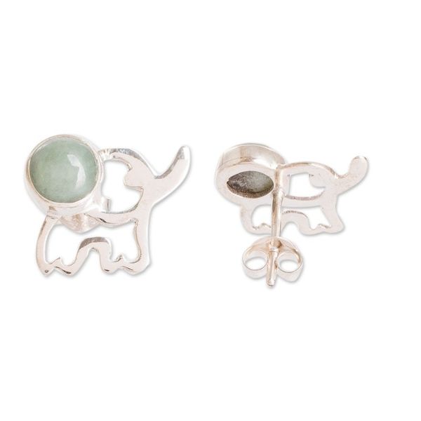 Alternate image for Elephant-Themed Dark Green Jade Button Earrings Balance Trunks