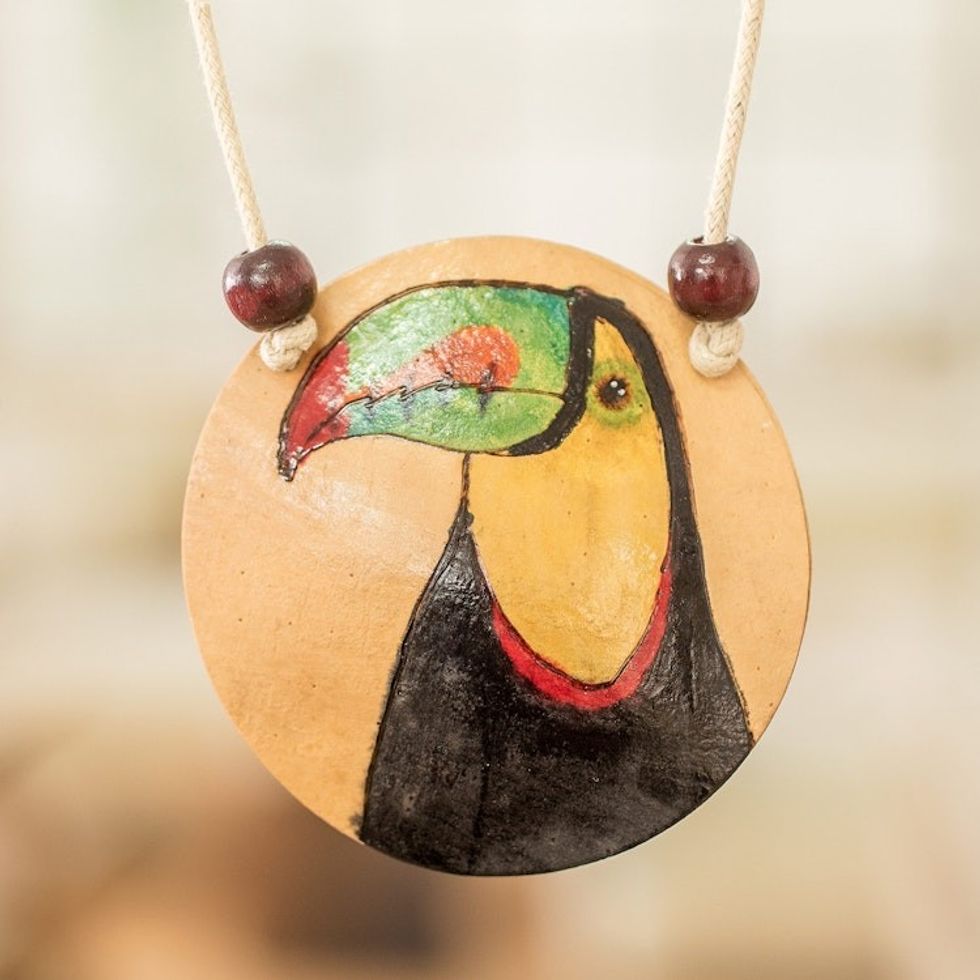 Hand-Painted Calabash Gourd Toucan Pendant Necklace 'Magic Portrayal'