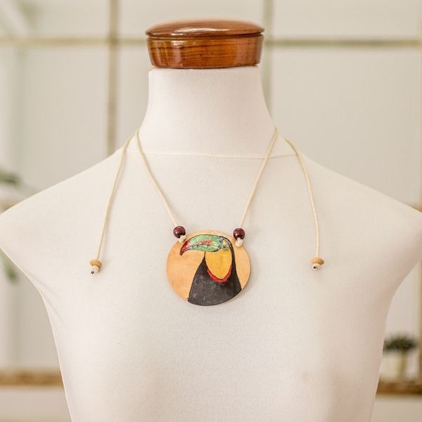 Alternate image for Hand-Painted Calabash Gourd Toucan Pendant Necklace Magic Portrayal