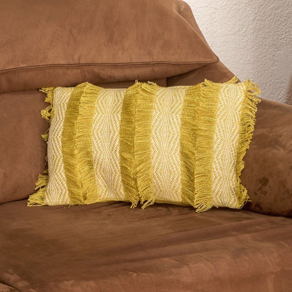 Handwoven Yellow Beige White Fringed Cotton Cushion Cover 'Diamond Allure'