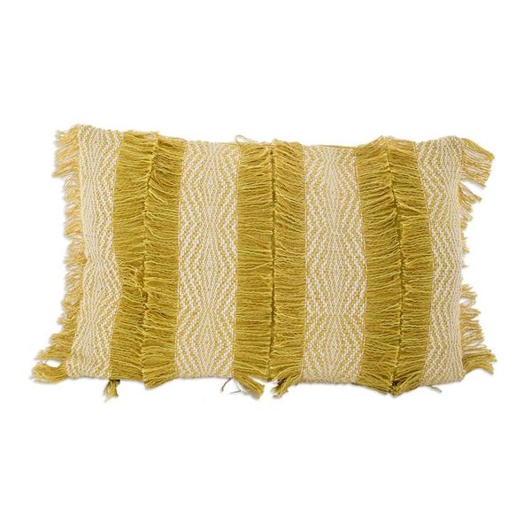 Alternate image for Handwoven Yellow Beige White Fringed Cotton Cushion Cover Diamond Allure