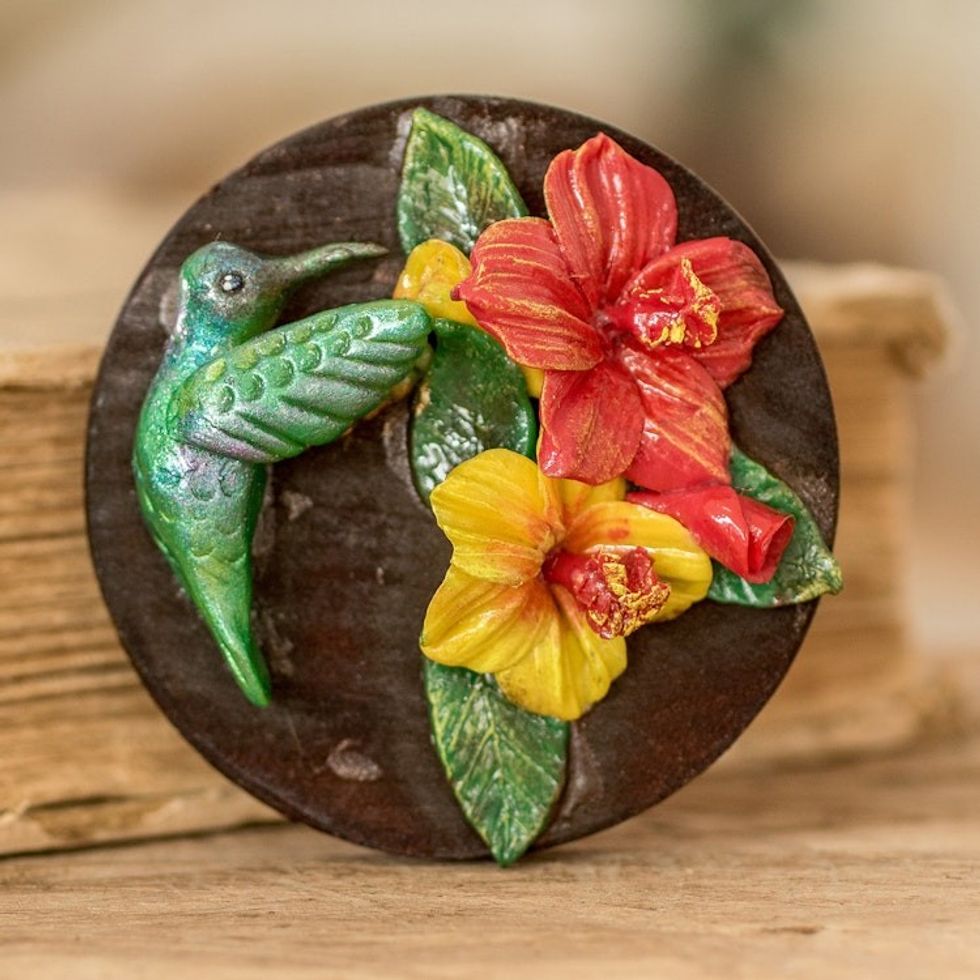 Painted Pinewood and Cold Porcelain Hummingbird Magnet 'The Tropical Hummingbird'
