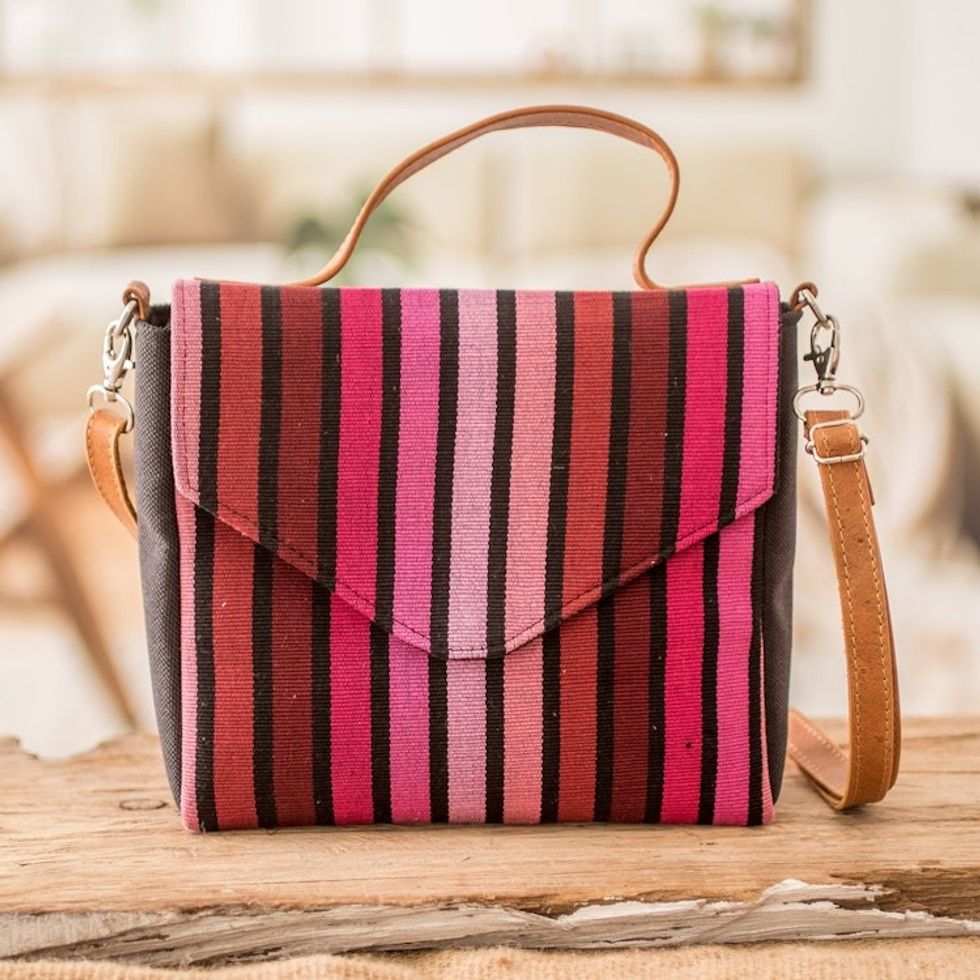 Leather-Accented Striped Cotton Sling Bag in Pink and Red 'Carnation Fate'