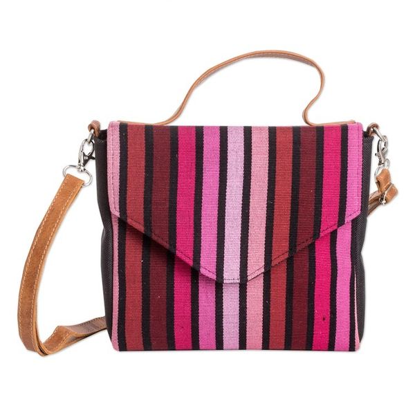 Alternate image for Leather-Accented Striped Cotton Sling Bag in Pink and Red Carnation Fate