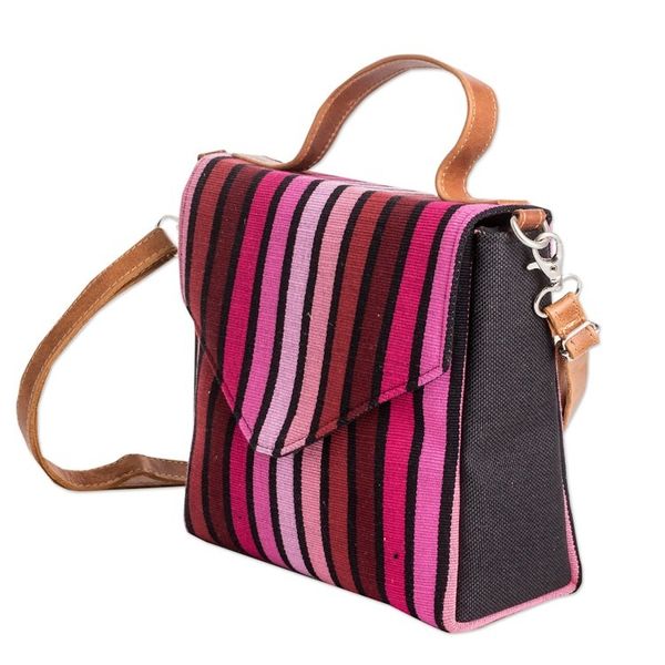 Alternate image for Leather-Accented Striped Cotton Sling Bag in Pink and Red Carnation Fate