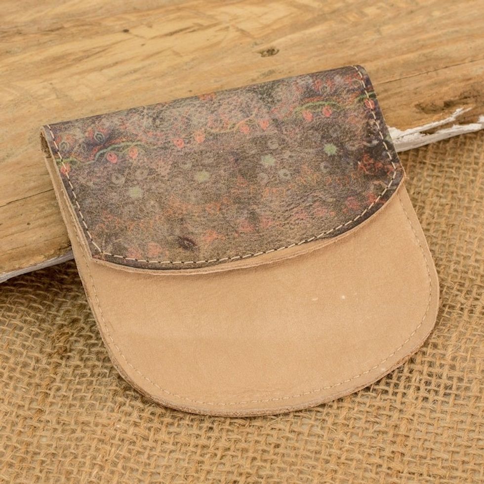 Handcrafted Printed Leather Coin Purse with Floral Motifs 'Intense Jungle'