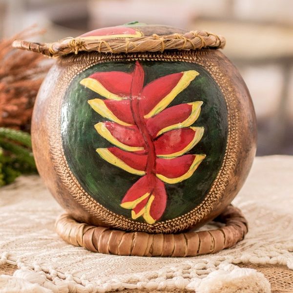 Alternate image for Hand-Painted Red Heliconia Dried Gourd Decorative Accent Red Heliconias