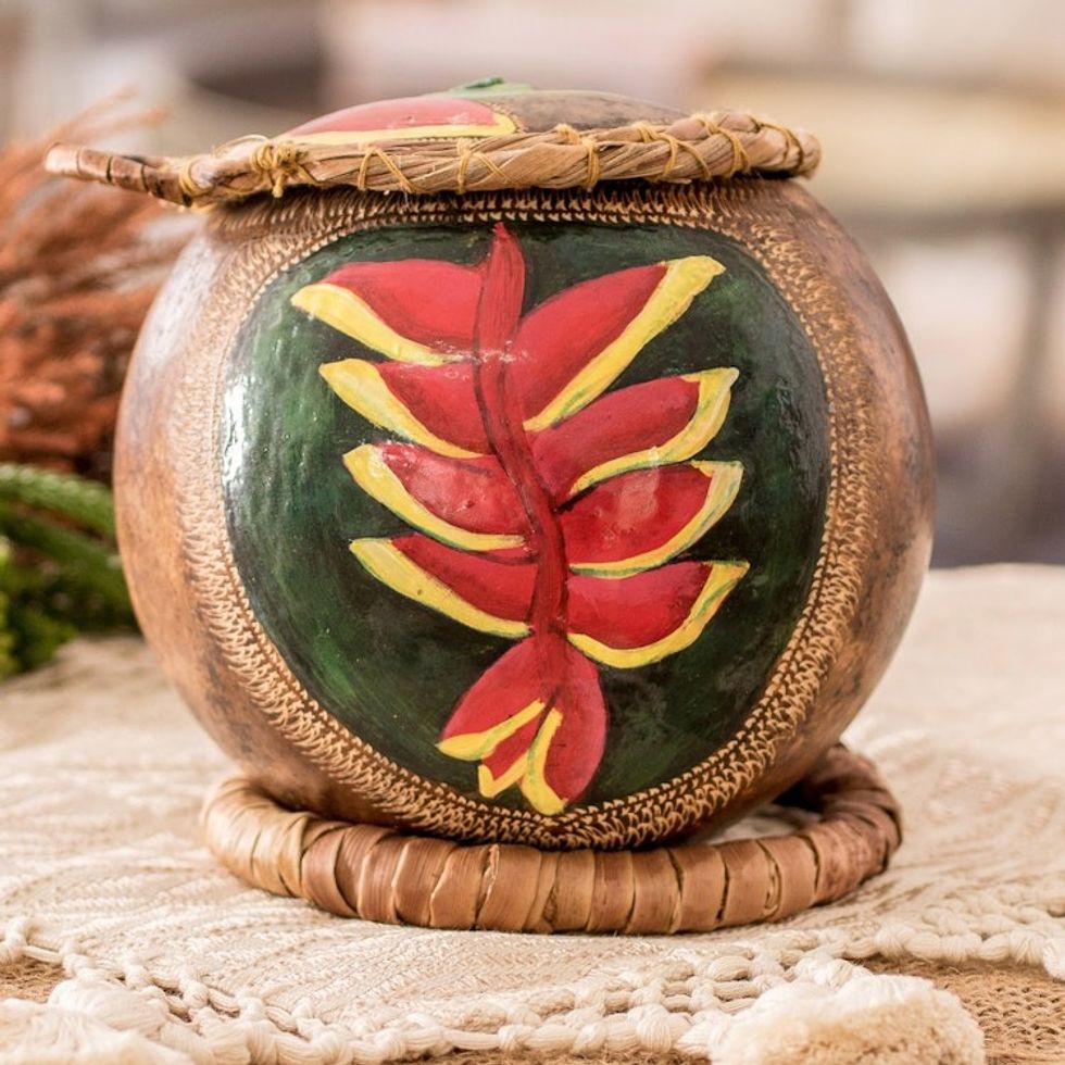 Hand-Painted Red Heliconia Dried Gourd Decorative Accent 'Red Heliconias'