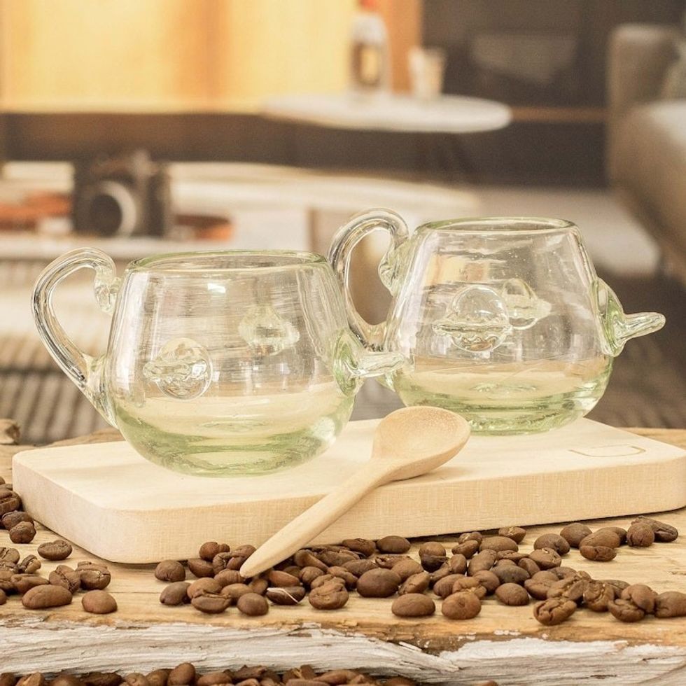 Blown Recycled Glass Wood Coffee Set of Cups Spoon Board 'Love and Unity'