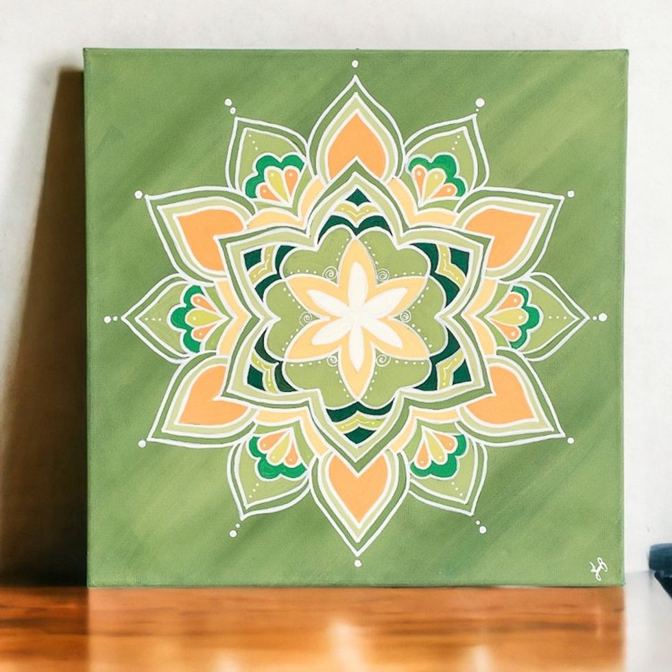 Acrylic Painting of a Lotus Flower Mandala in Green Orange 'Mandala'