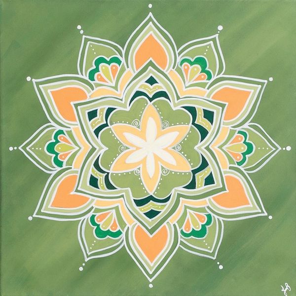 Alternate image for Acrylic Painting of a Lotus Flower Mandala in Green Orange Mandala