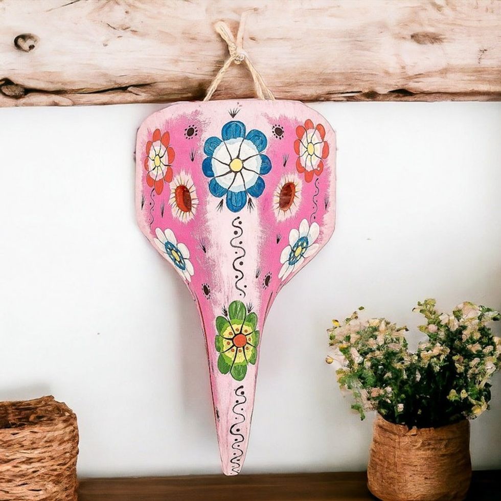 Hand-Painted Floral Pink and White Bird Pinewood Mask 'Floral Flight'