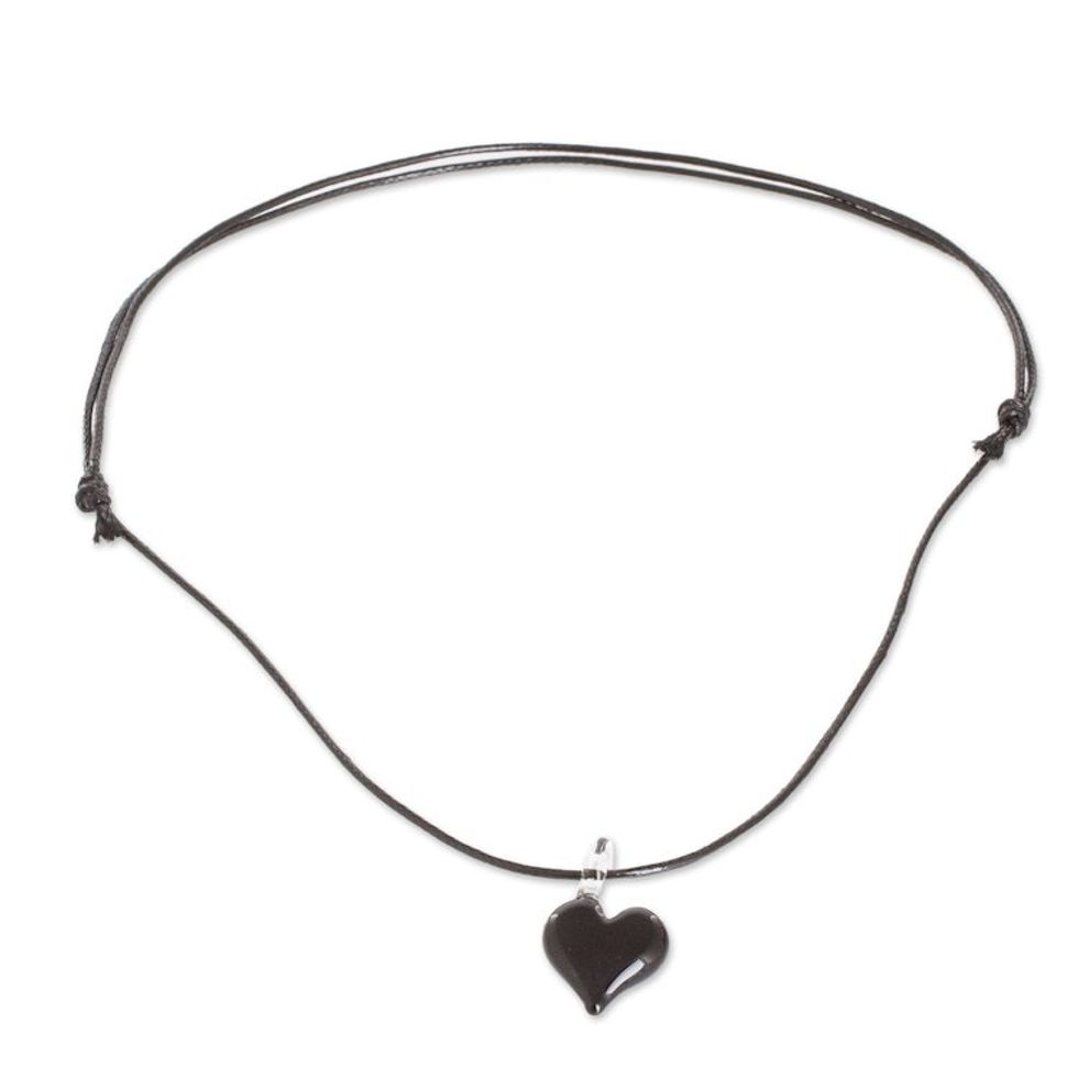 Adjustable Art Glass Necklace with Black Heart Pendant 'Night Passion'