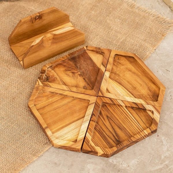 Alternate image for Set of 4 Teak Wood Appetizer Platters with Stand Sharing Time