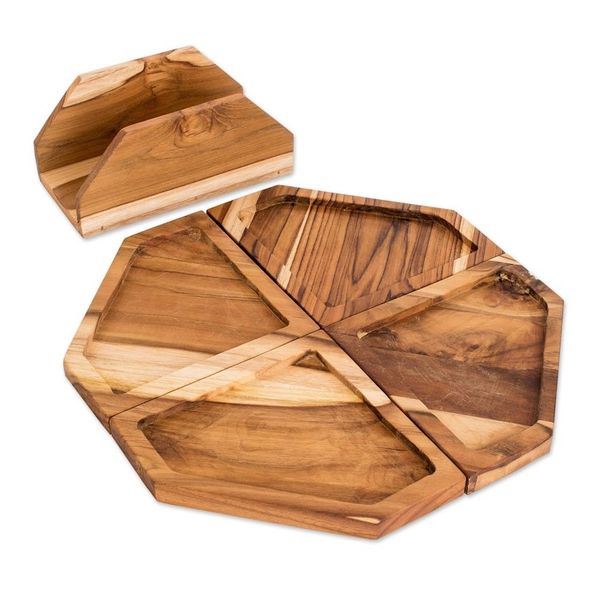 Alternate image for Set of 4 Teak Wood Appetizer Platters with Stand Sharing Time
