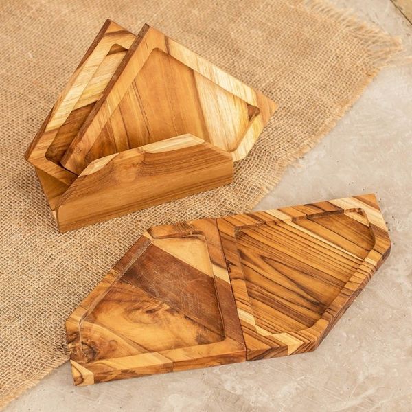 Alternate image for Set of 4 Teak Wood Appetizer Platters with Stand Sharing Time