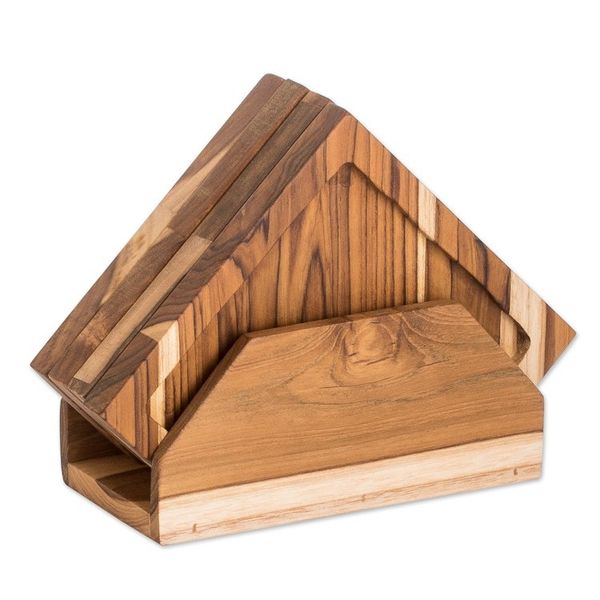 Alternate image for Set of 4 Teak Wood Appetizer Platters with Stand Sharing Time