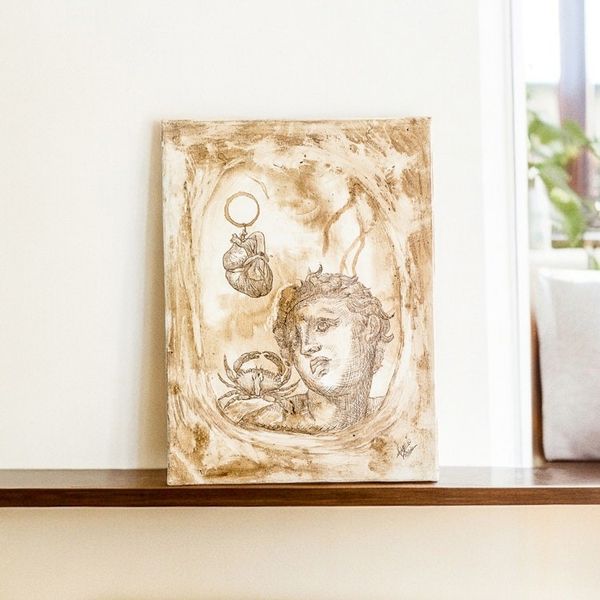 Alternate image for Mixed Media Oneiric Painting of Man Heart and Crab Heart and Shell
