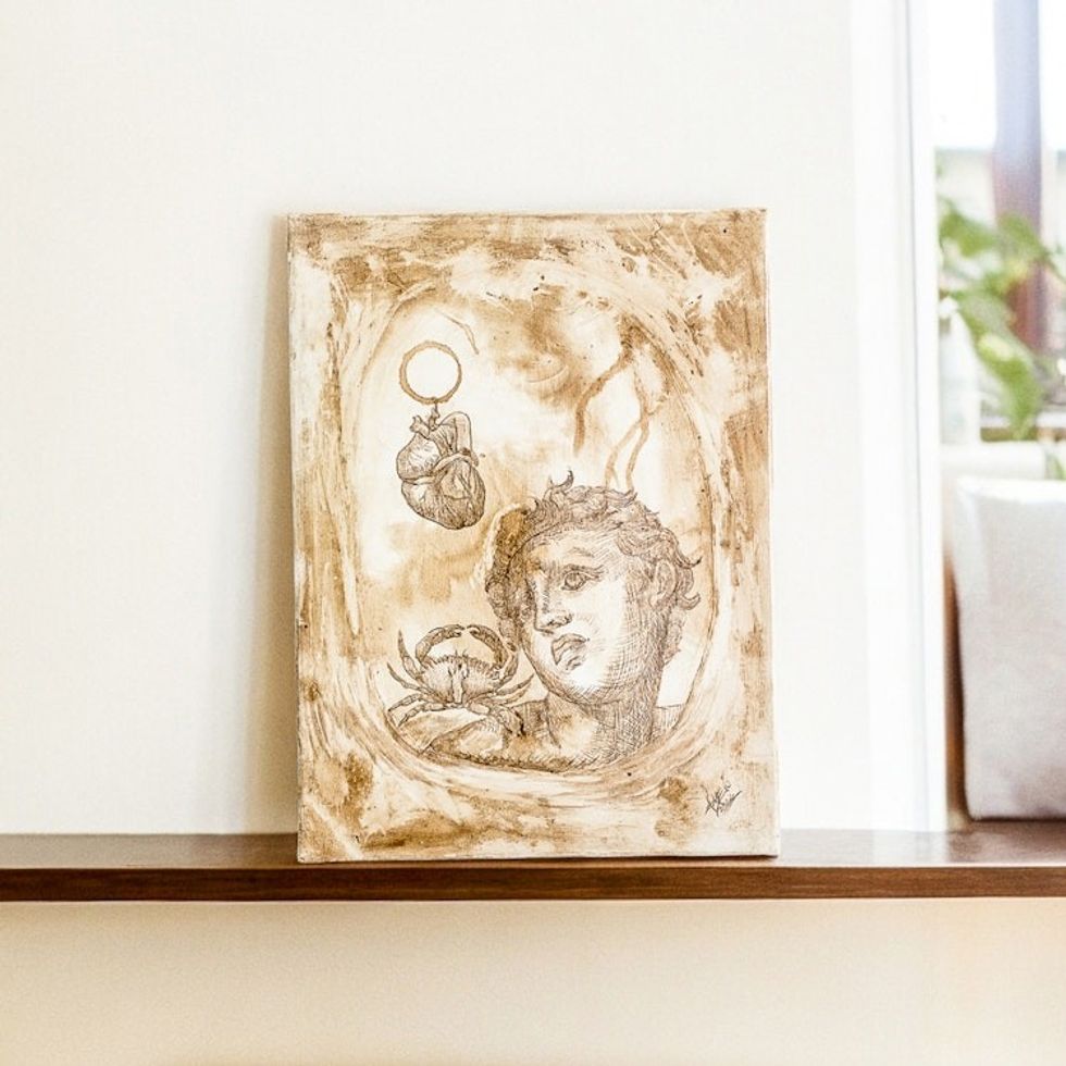 Mixed Media Oneiric Painting of Man Heart and Crab 'Heart and Shell'