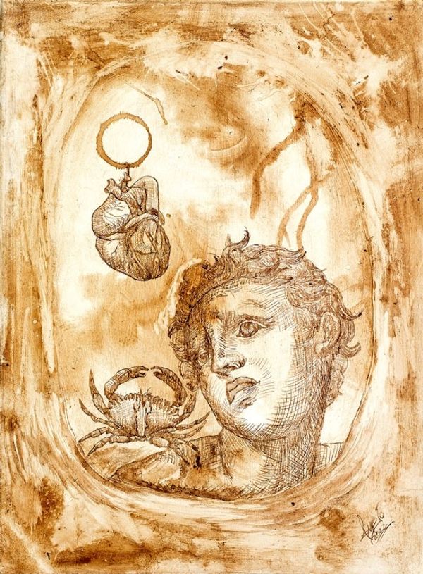 Alternate image for Mixed Media Oneiric Painting of Man Heart and Crab Heart and Shell