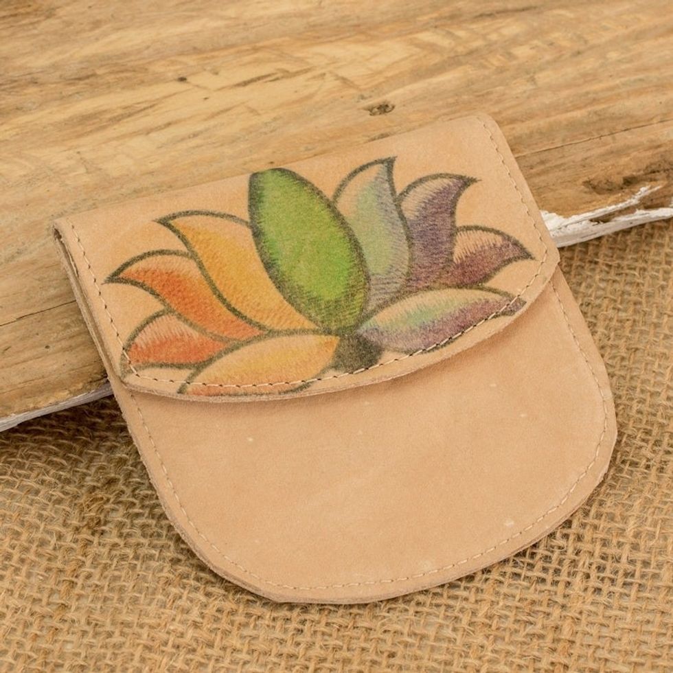 Handcrafted Printed Lotus Leather Coin Purse from Costa Rica 'Rainbow Lotus'