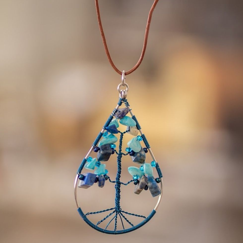Drop-Shaped Tree-Themed Jasper and Quartz Pendant Necklace 'Drop of Life in Blue'