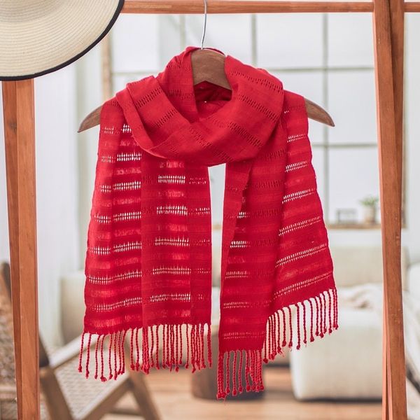 Alternate image for Fringed Red Scarf Hand-Woven from Rayon in Guatemala Among Threads in Red