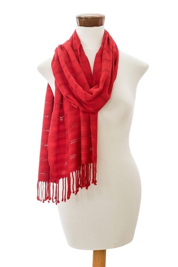 Alternate image for Fringed Red Scarf Hand-Woven from Rayon in Guatemala Among Threads in Red