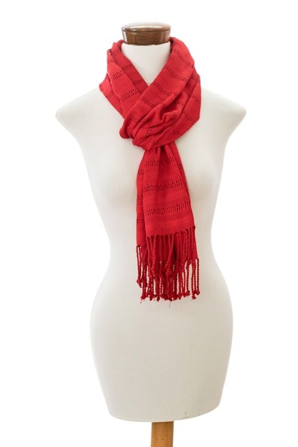 Alternate image for Fringed Red Scarf Hand-Woven from Rayon in Guatemala Among Threads in Red