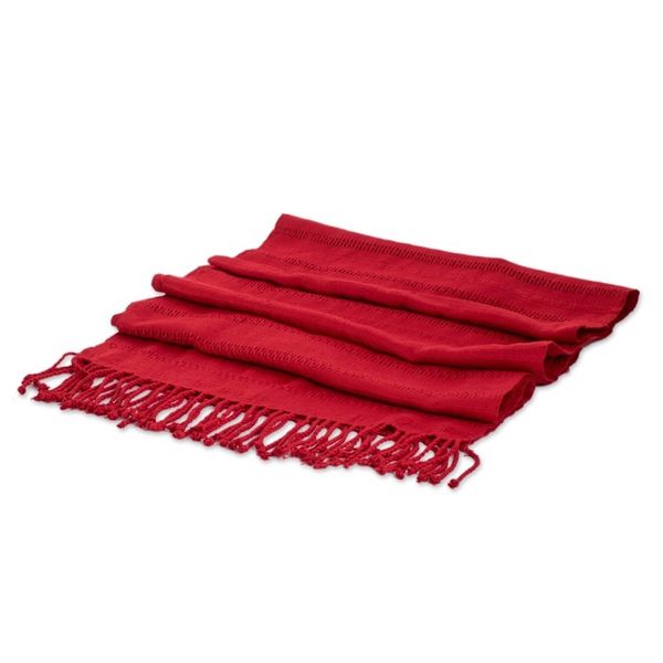 Alternate image for Fringed Red Scarf Hand-Woven from Rayon in Guatemala Among Threads in Red