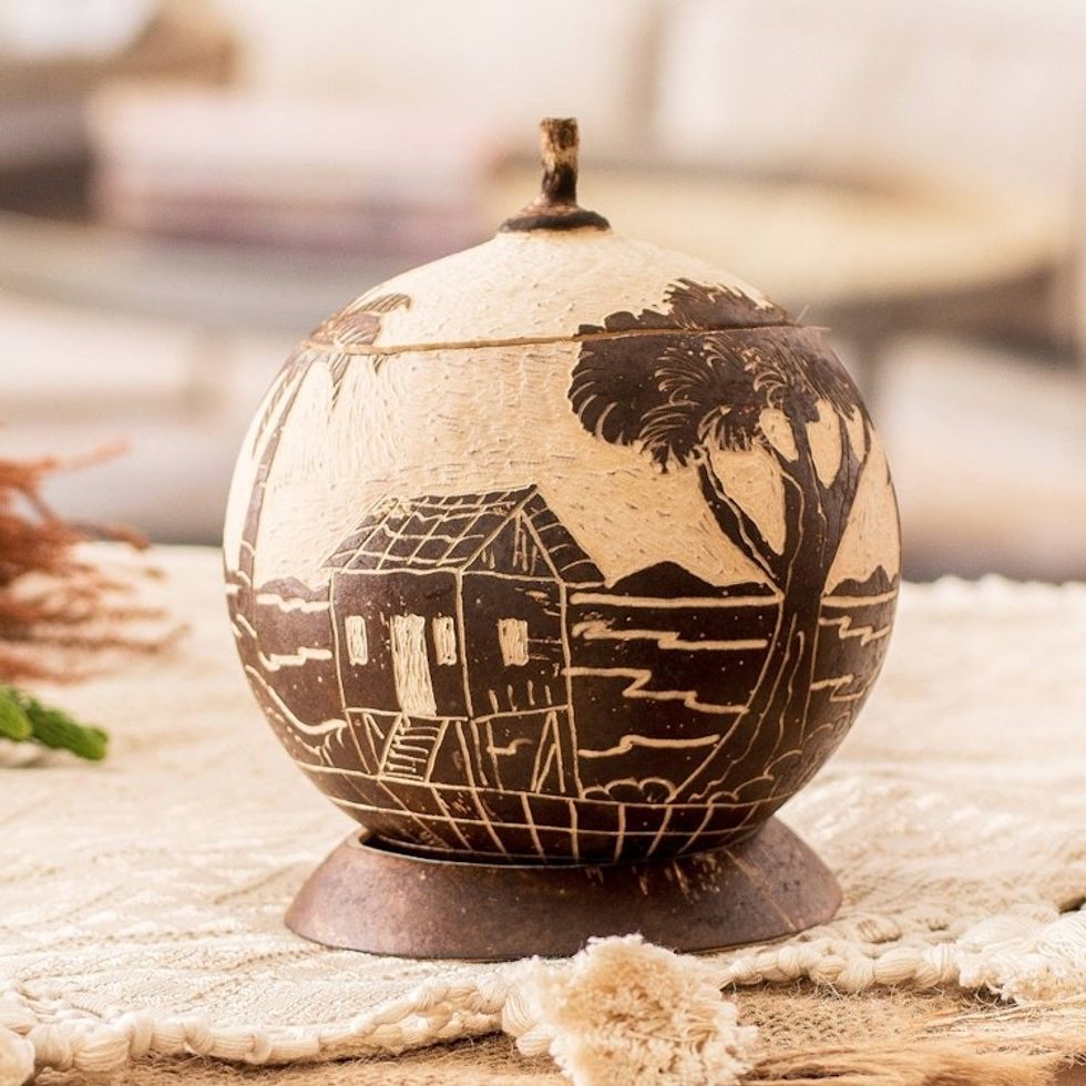Handmade Round Dried Gourd Caribbean Town Decorative Accent 'Caribbean Landscape'