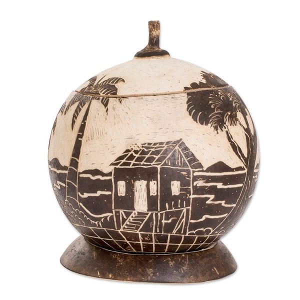 Alternate image for Handmade Round Dried Gourd Caribbean Town Decorative Accent Caribbean Landscape