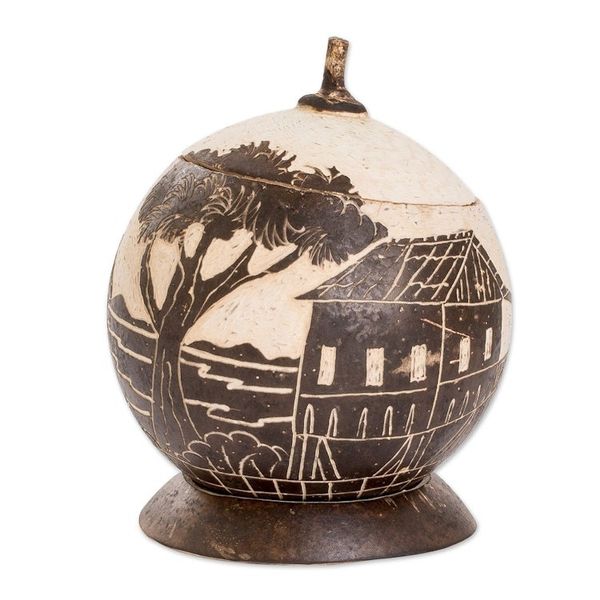 Alternate image for Handmade Round Dried Gourd Caribbean Town Decorative Accent Caribbean Landscape