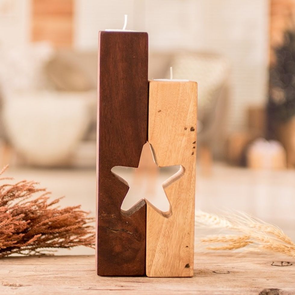 Set of 2 Star-Themed Wood Tealight Candleholders 'Star of Unity'