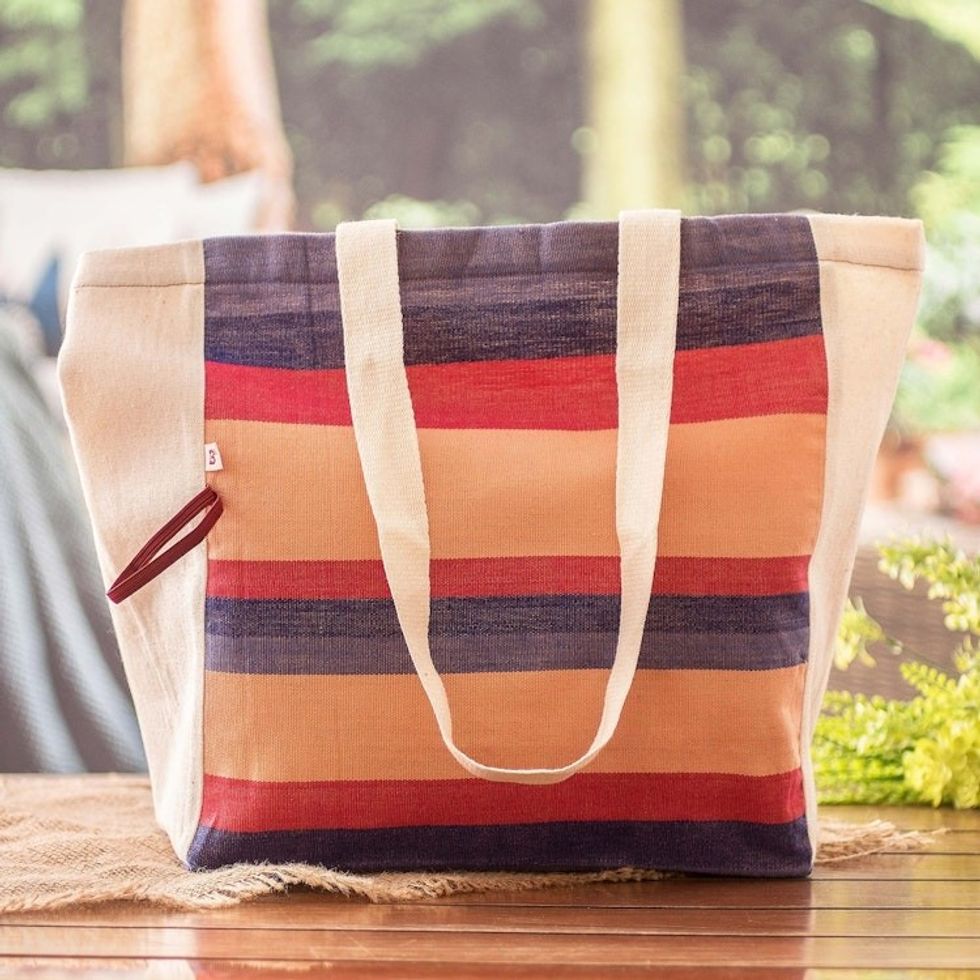 Striped Foldable Cotton Tote Bag Hand-Woven in Guatemala 'Fiesta'