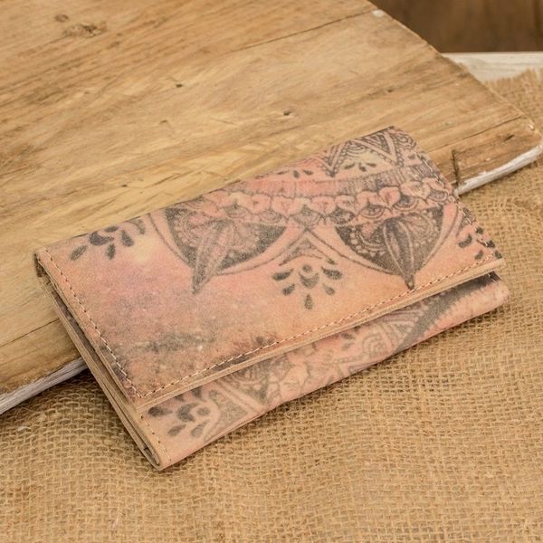 Alternate image for Handcrafted Printed Leather Wallet in Beige and Pink Hues Dreaming with Flowers