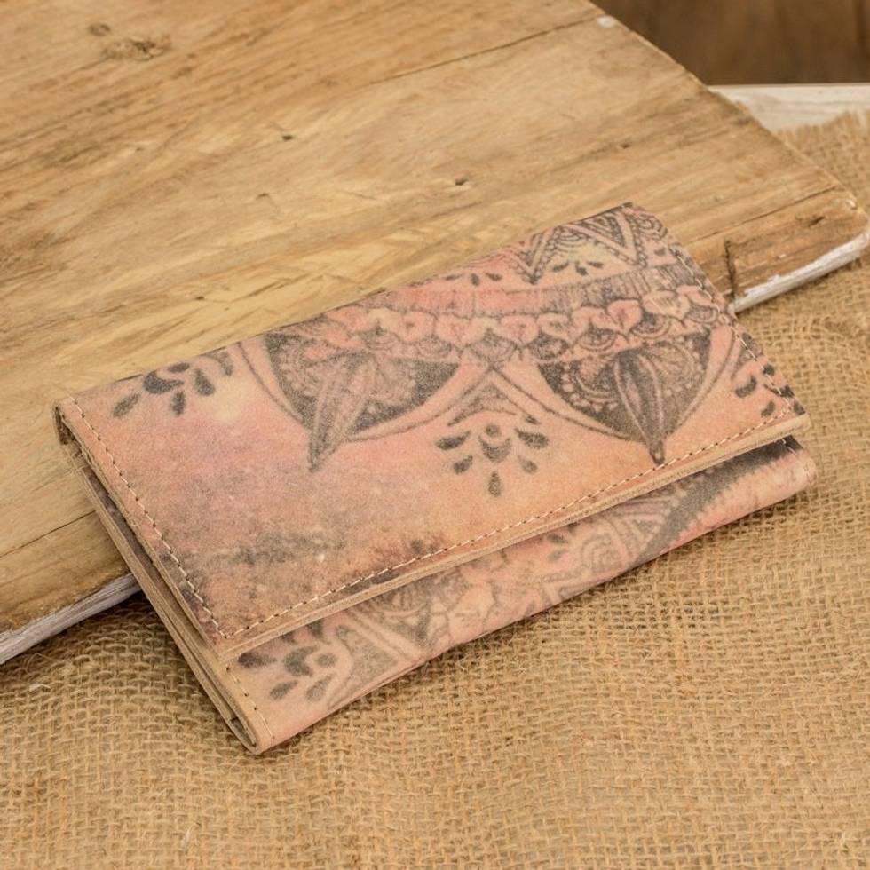 Handcrafted Printed Leather Wallet in Beige and Pink Hues 'Dreaming with Flowers'