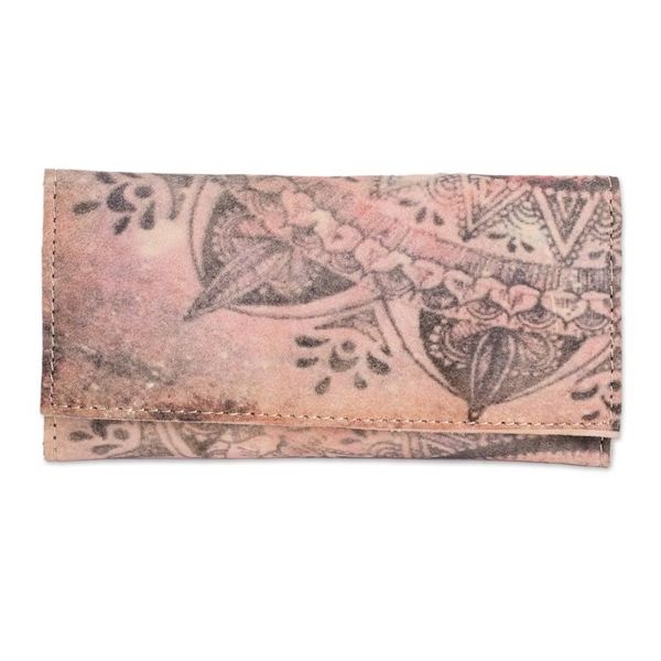Alternate image for Handcrafted Printed Leather Wallet in Beige and Pink Hues Dreaming with Flowers