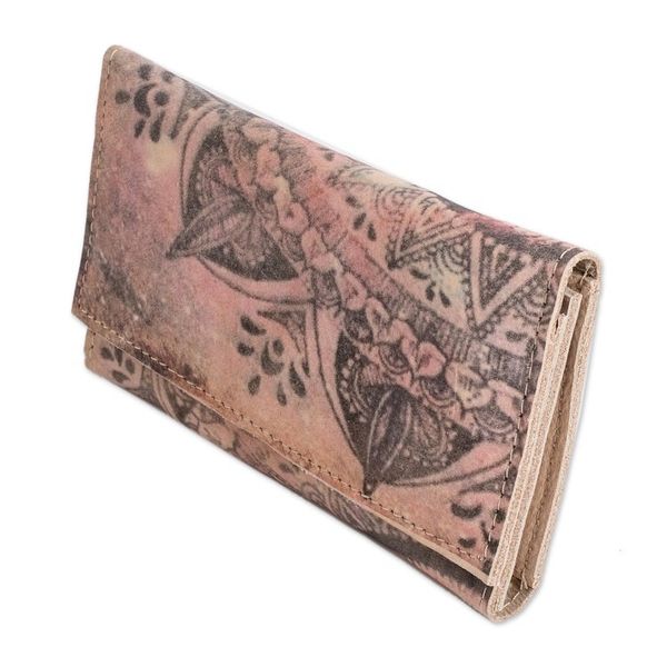 Alternate image for Handcrafted Printed Leather Wallet in Beige and Pink Hues Dreaming with Flowers