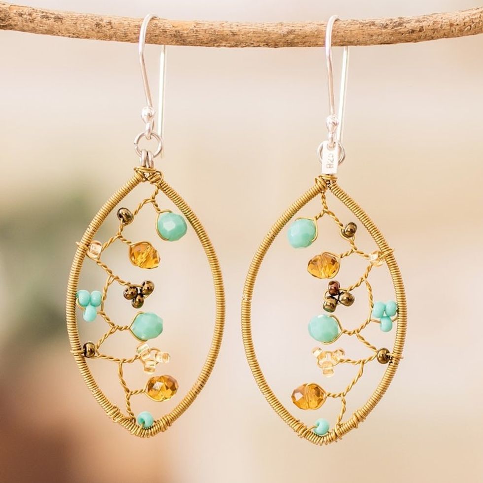 Golden-Toned Crystal and Glass Beaded Dangle Earrings 'Glorious Crystal Web'