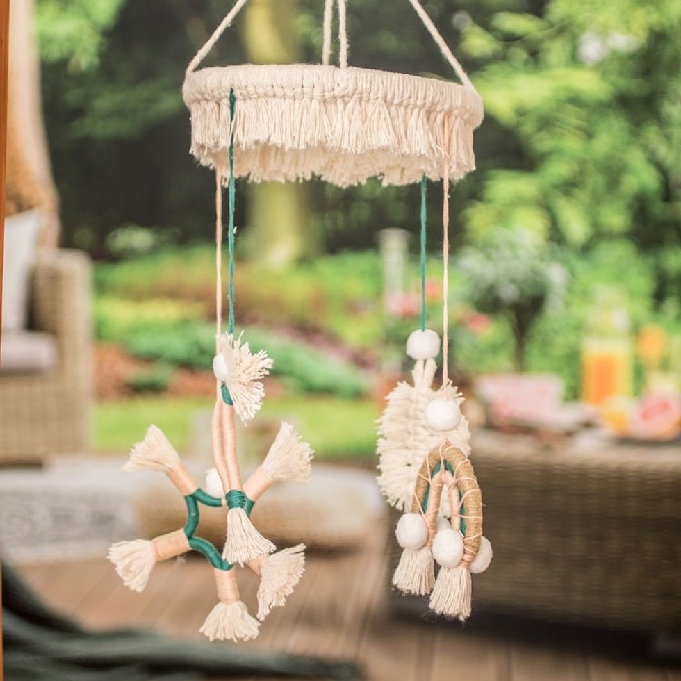 Handmade Cotton and Jute Macrame Mobile with Pinewood Base 'Sunrise'