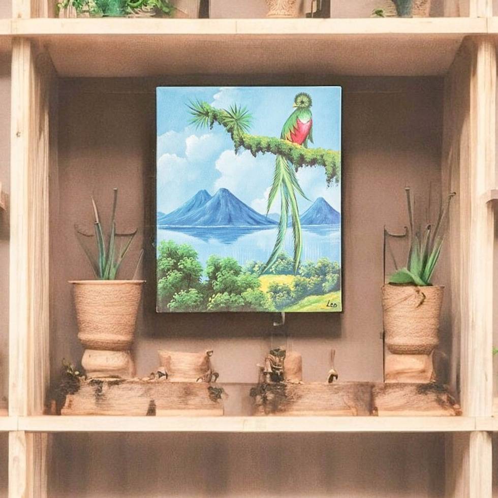 Impressionist Oil Painting of Guatemalan Quetzal Bird 'Lake in Guatemala'