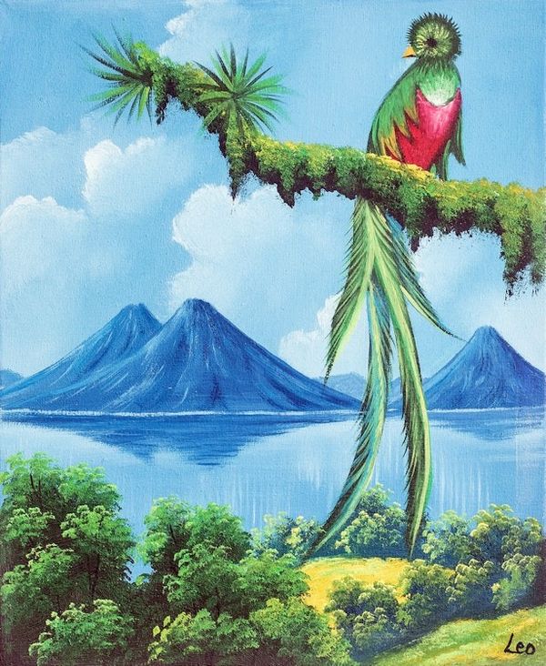 Alternate image for Impressionist Oil Painting of Guatemalan Quetzal Bird Lake in Guatemala