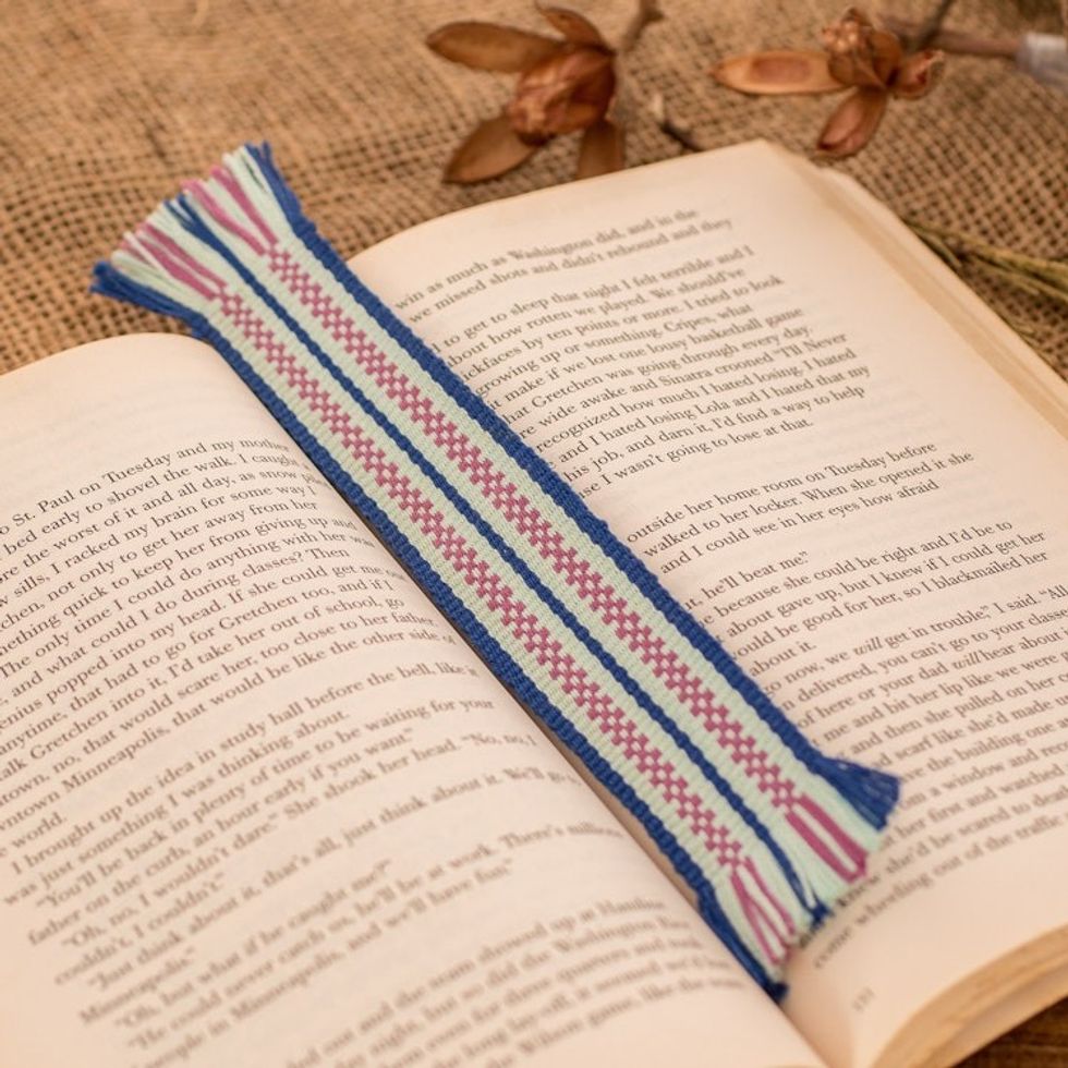 Handwoven Blue and Pink Fringed Cotton Bookmark 'Sweet Letters'