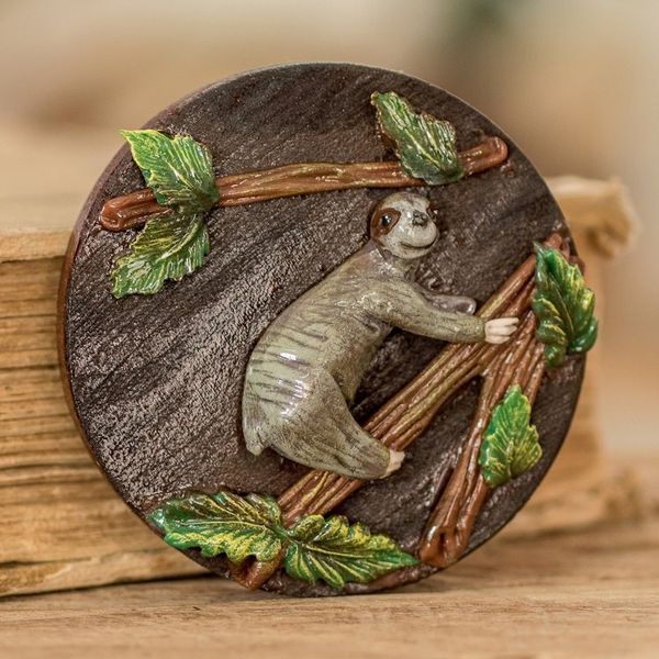 Alternate image for Handcrafted Painted Pinewood and Cold Porcelain Sloth Magnet The Tropical Sloth