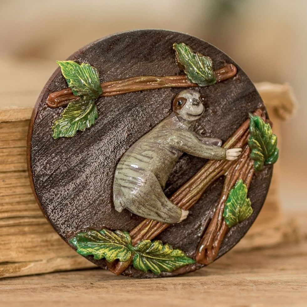 Handcrafted Painted Pinewood and Cold Porcelain Sloth Magnet 'The Tropical Sloth'